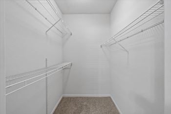 Empty walk-in closet with white shelves and carpeted floor.